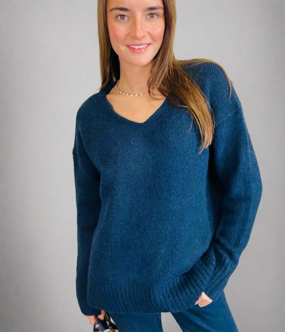 Navy V Neck Wool Blend Jumper