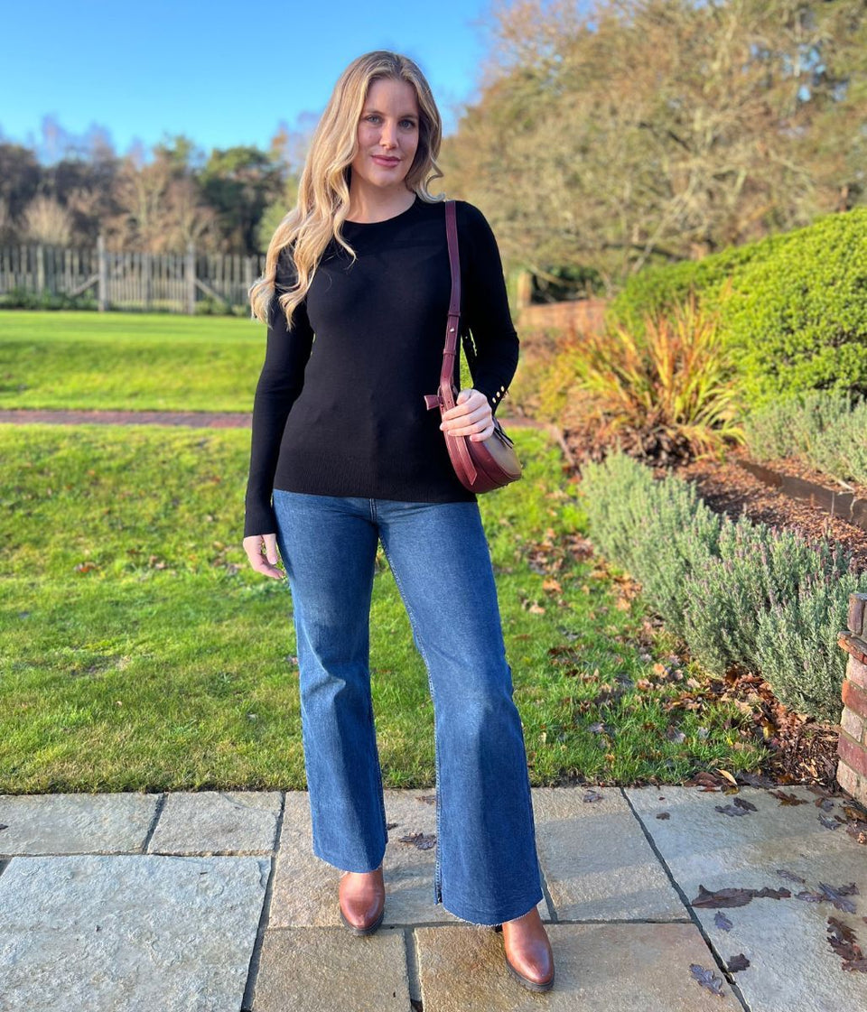 Black Fine Knit Button Cuff Jumper