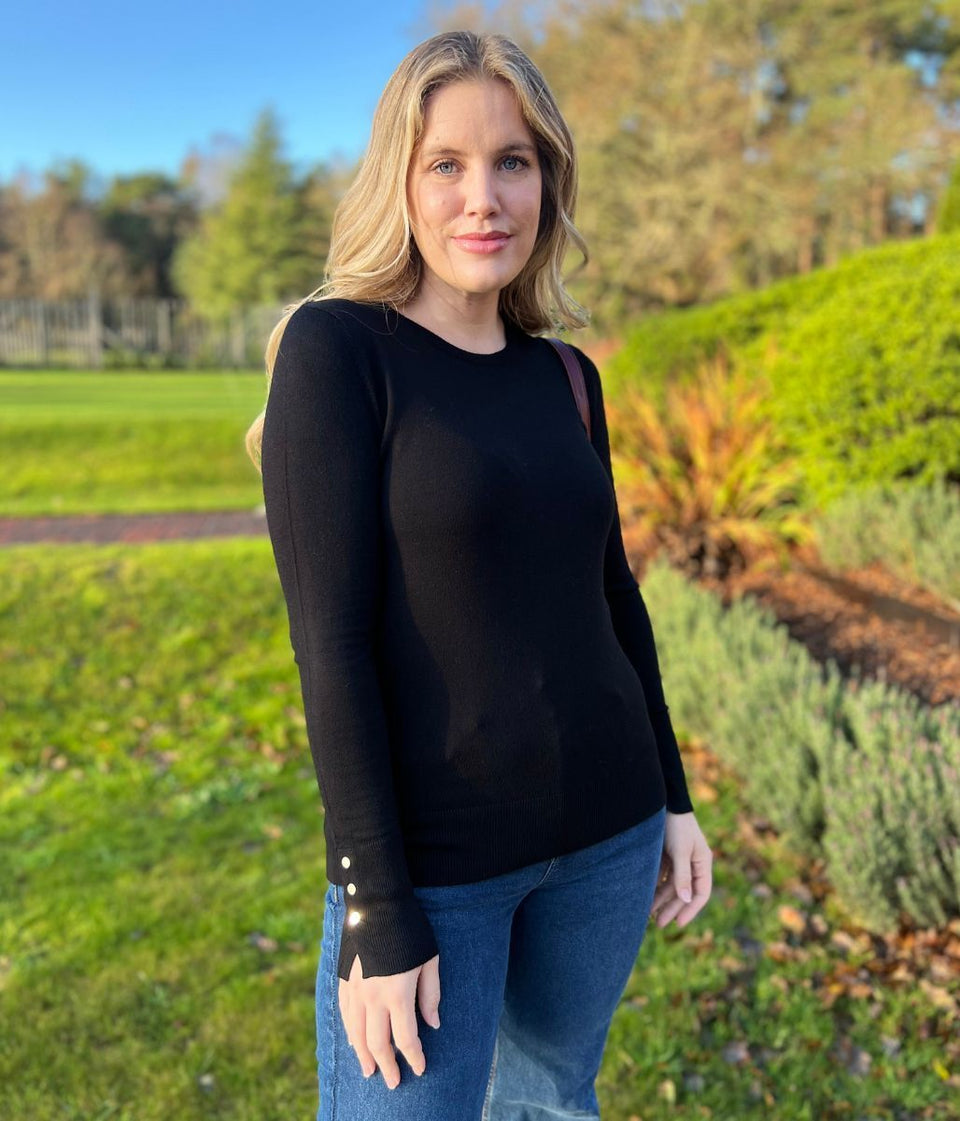 Black Fine Knit Button Cuff Jumper