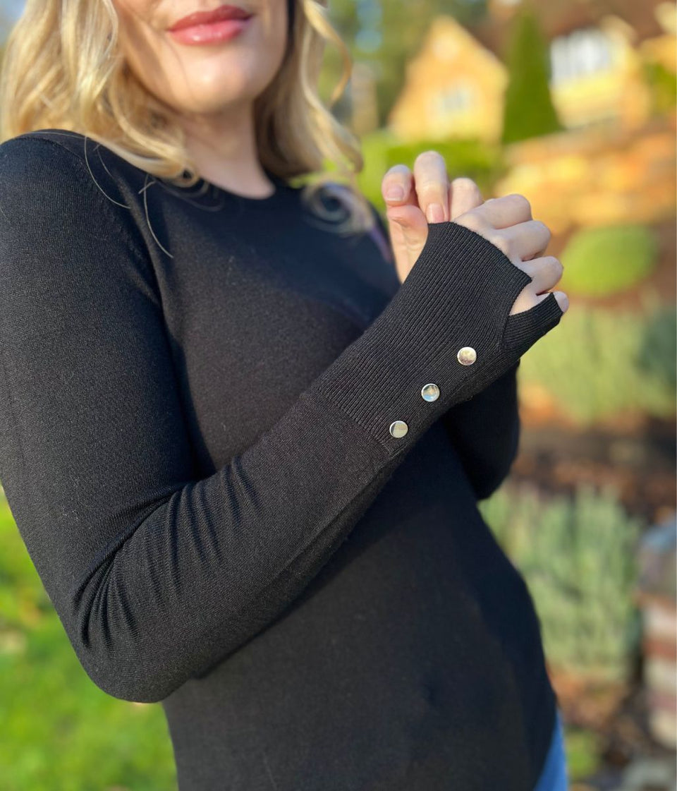 Black Fine Knit Button Cuff Jumper