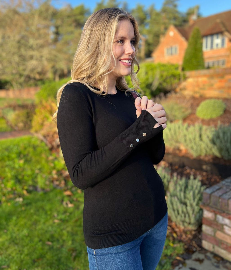 Black Fine Knit Button Cuff Jumper