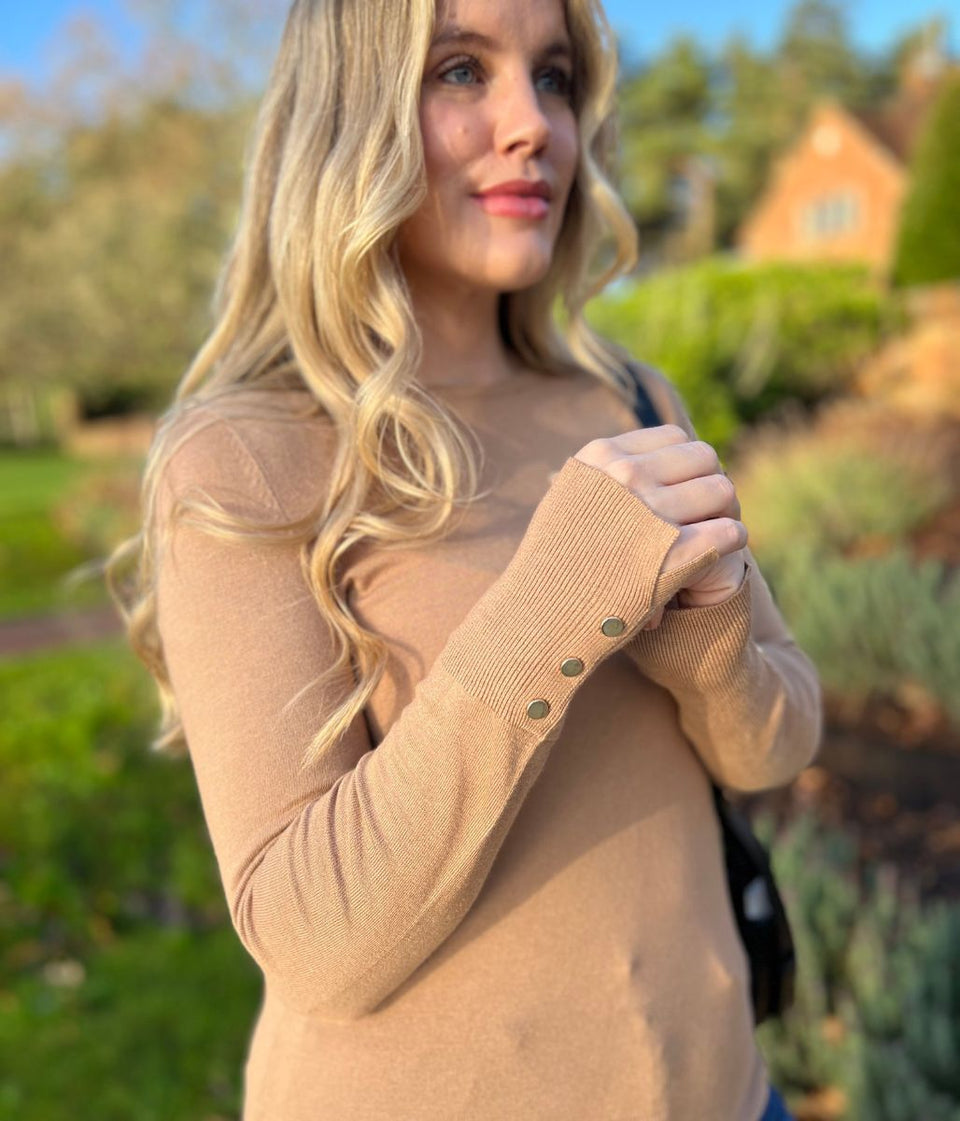 Camel Fine Knit Button Cuff Jumper