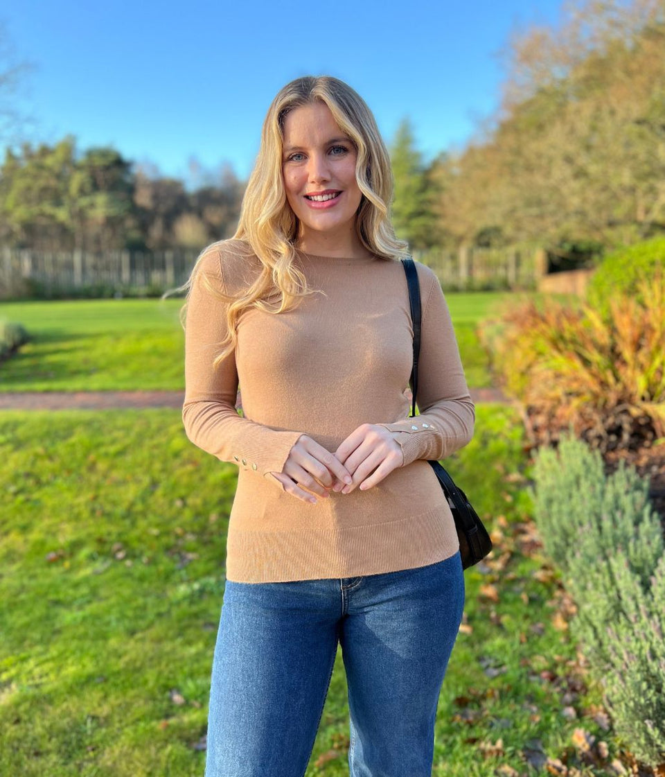 Camel Fine Knit Button Cuff Jumper