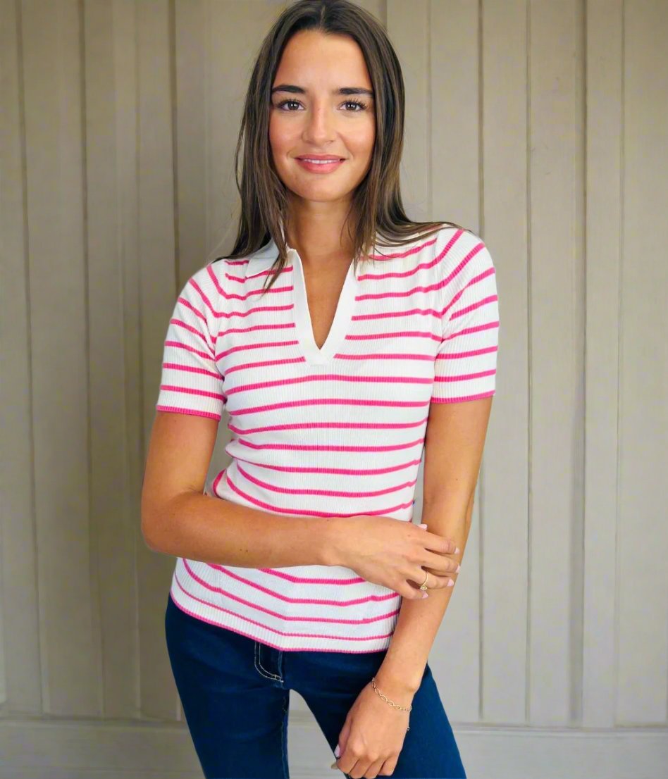 Ivory & Pink Stripe Rib Knit Top