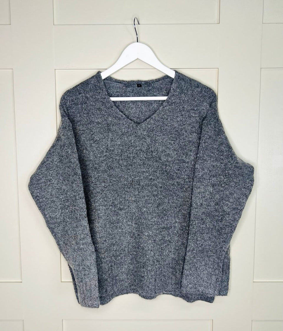 Grey V Neck Wool Blend Jumper