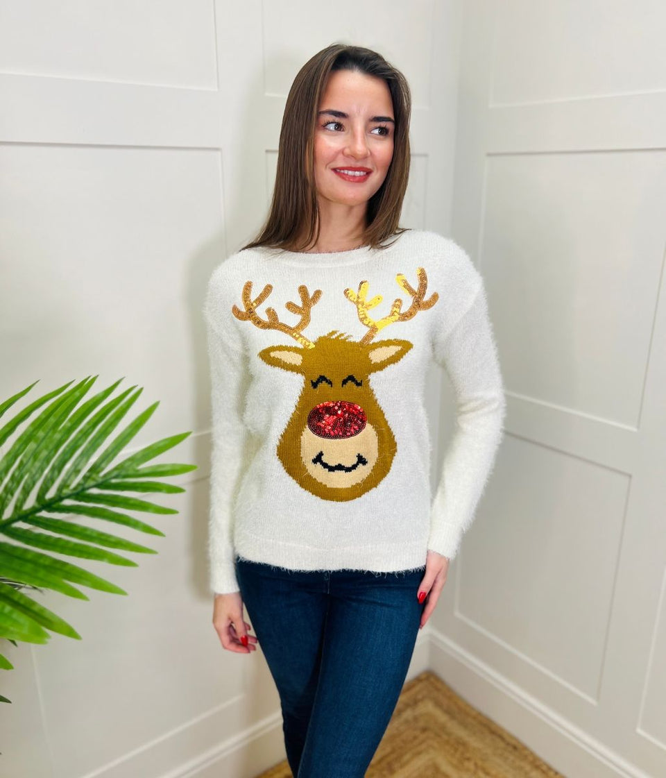 Ivory Sequin Reindeer Jumper