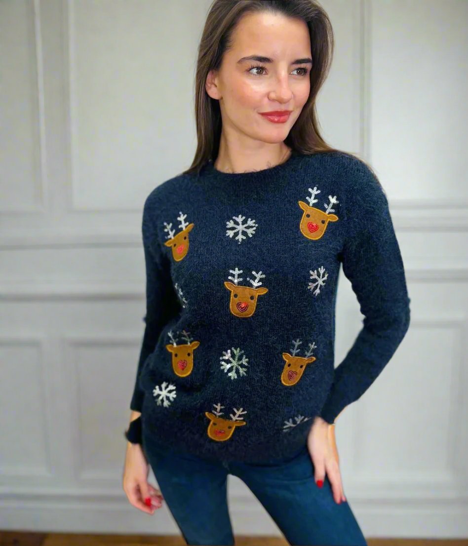 Navy Snowflake & Reindeer Jumper