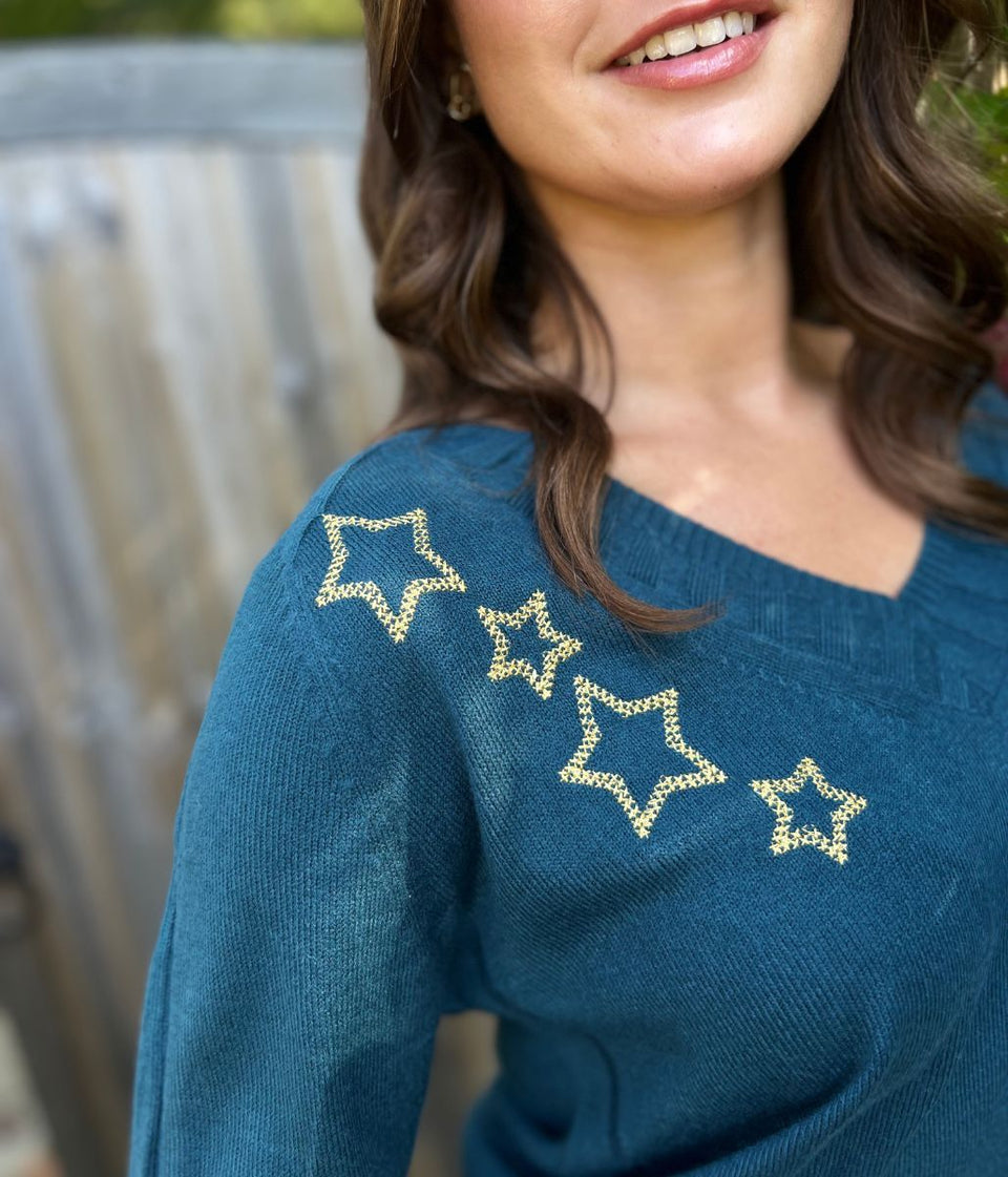 Teal Embroidered Gold Star Jumper