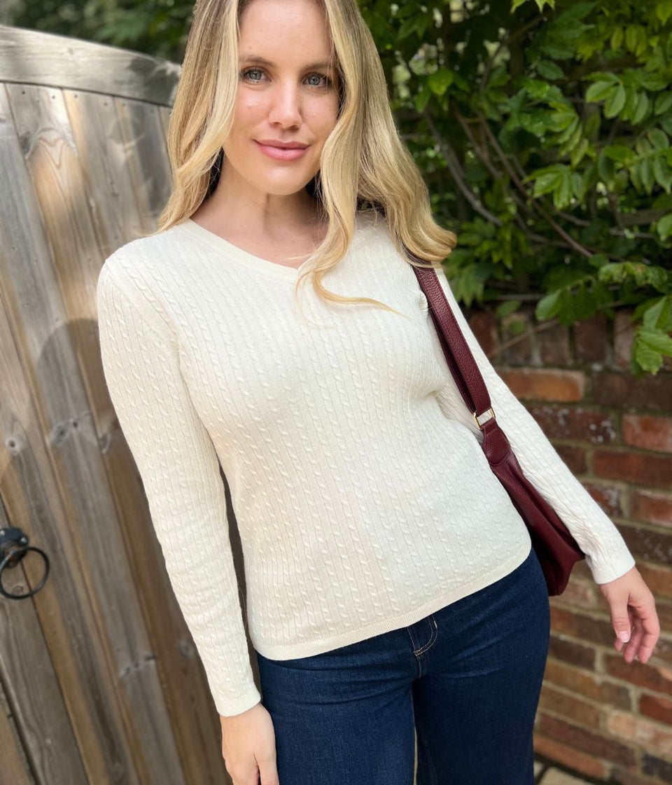 Cream V Neck Cable Twist Jumper