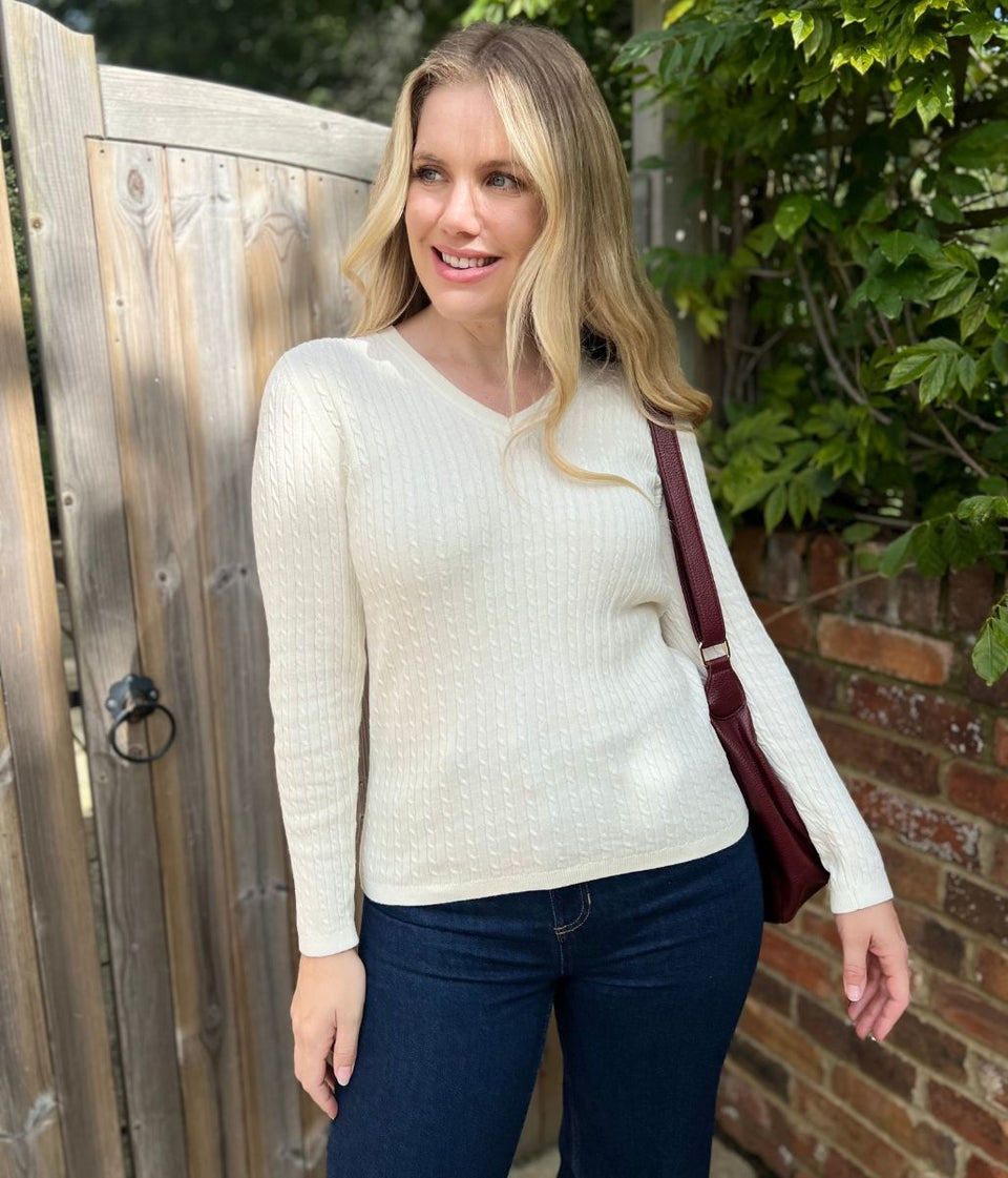 Cream V Neck Cable Twist Jumper