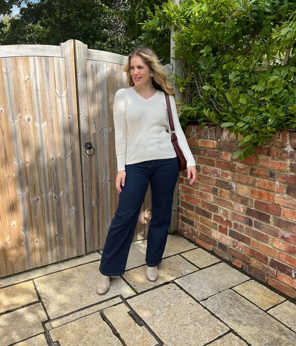 Cream V Neck Cable Twist Jumper