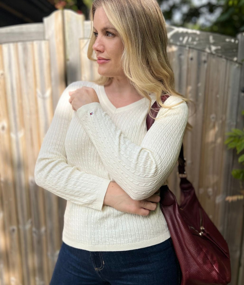 Cream V Neck Cable Twist Jumper
