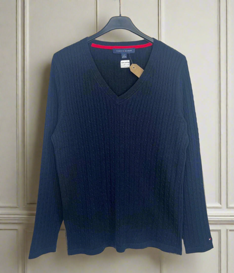 Navy V Neck Cable Twist Jumper