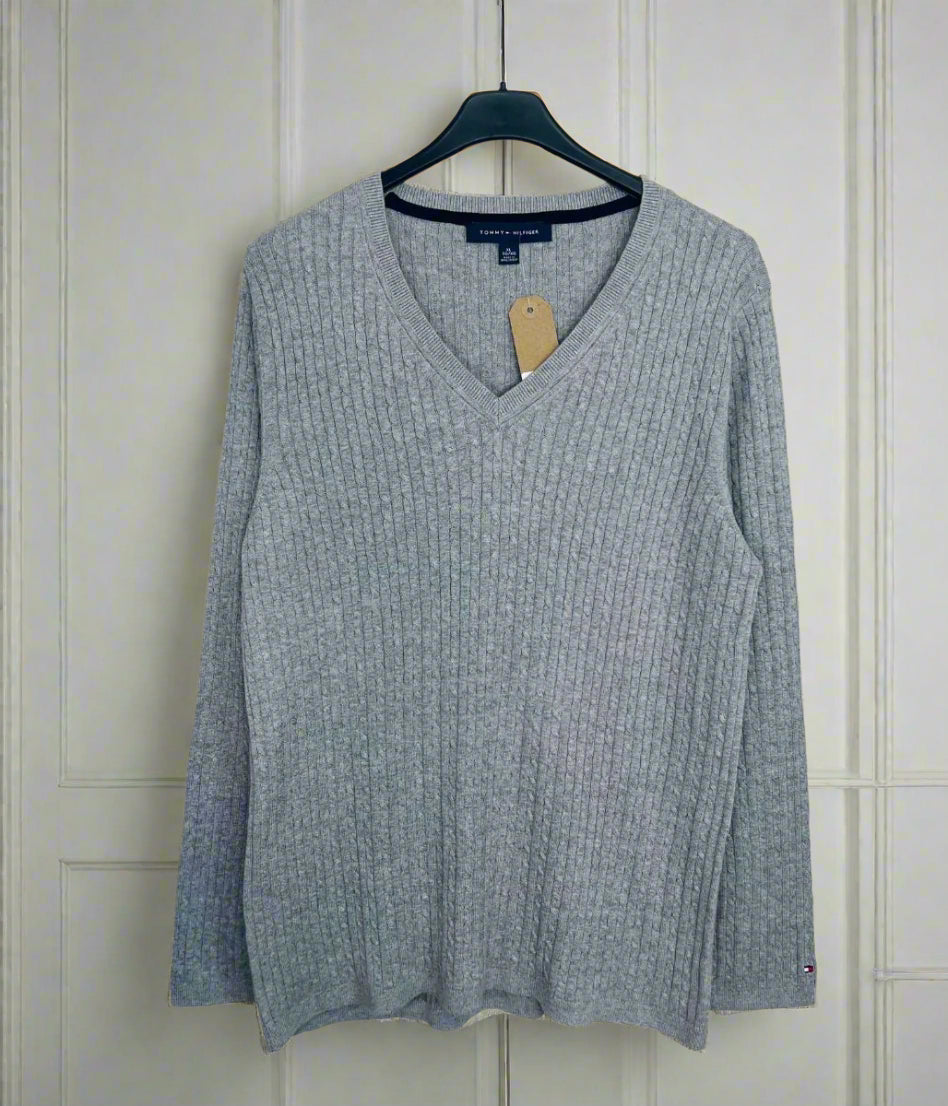 Grey V Neck Cable Twist Jumper
