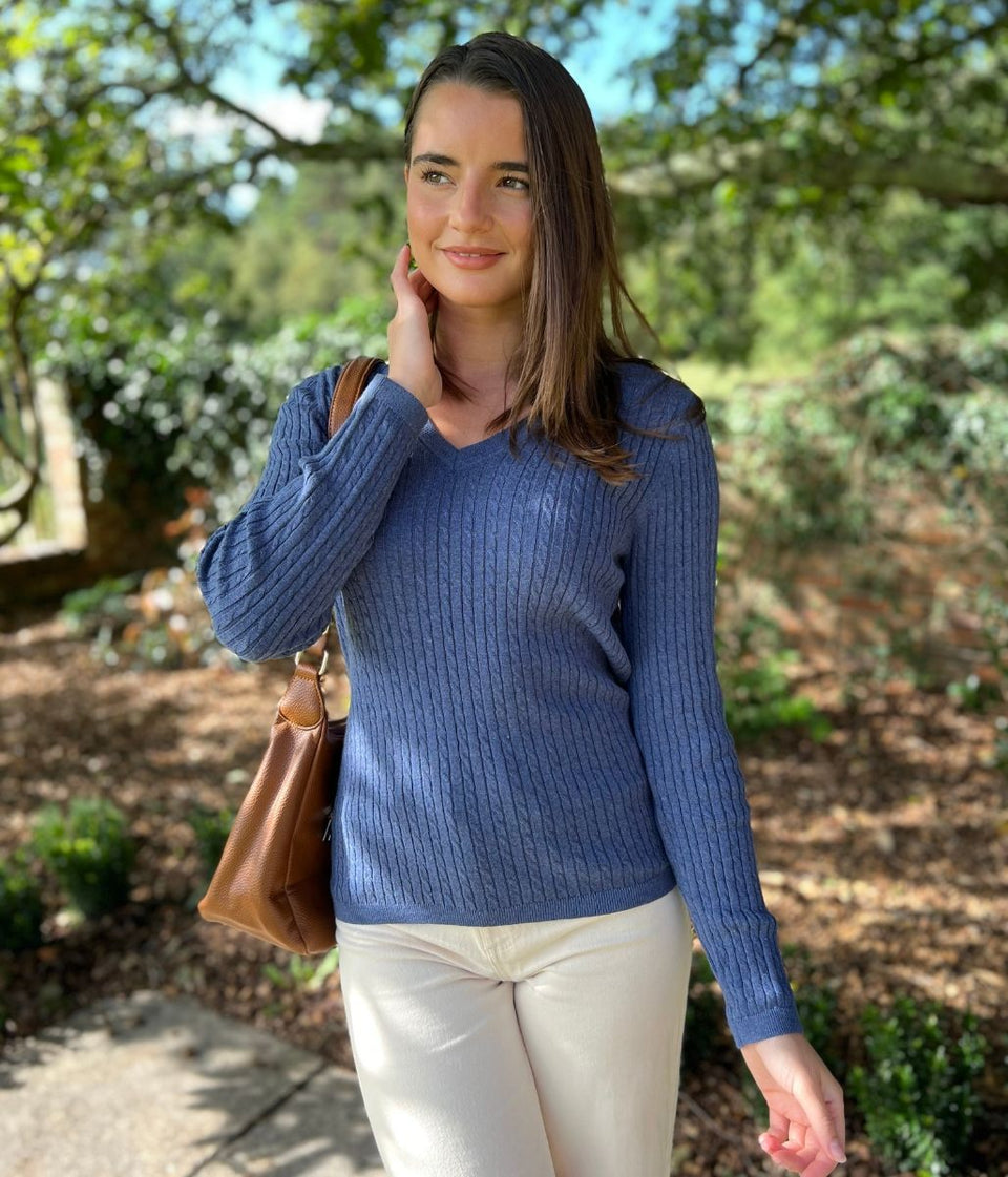 Denim Blue V Neck Cable Twist Jumper