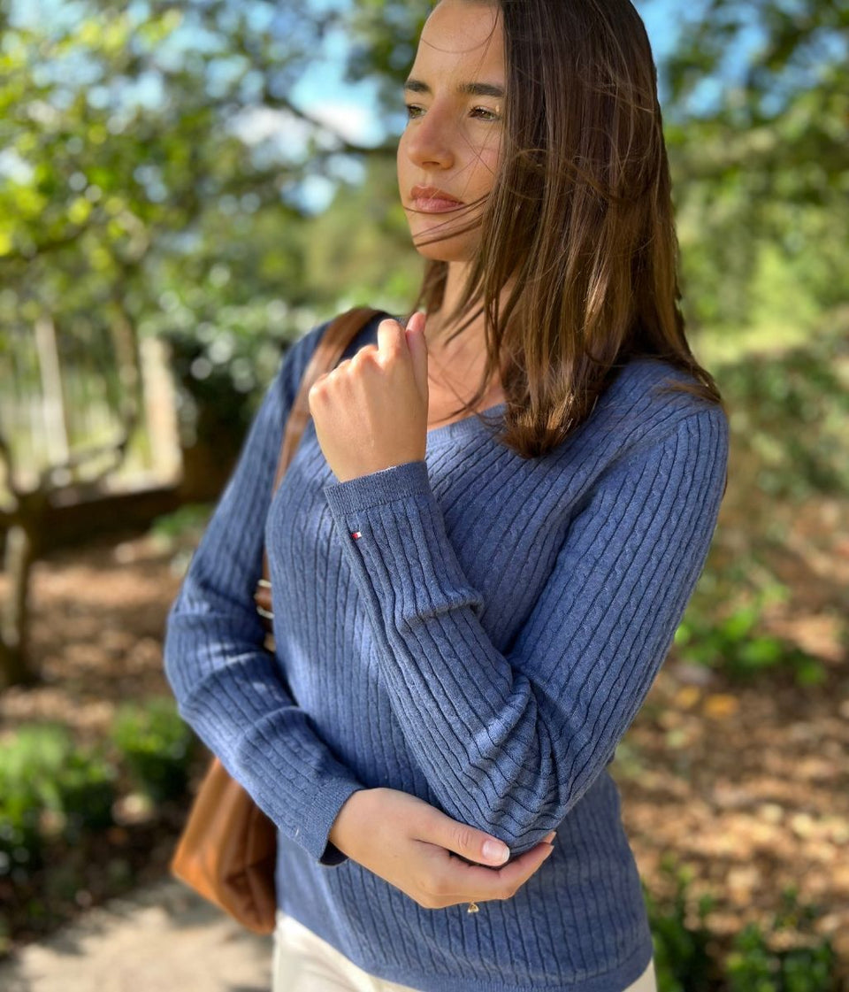 Denim Blue V Neck Cable Twist Jumper