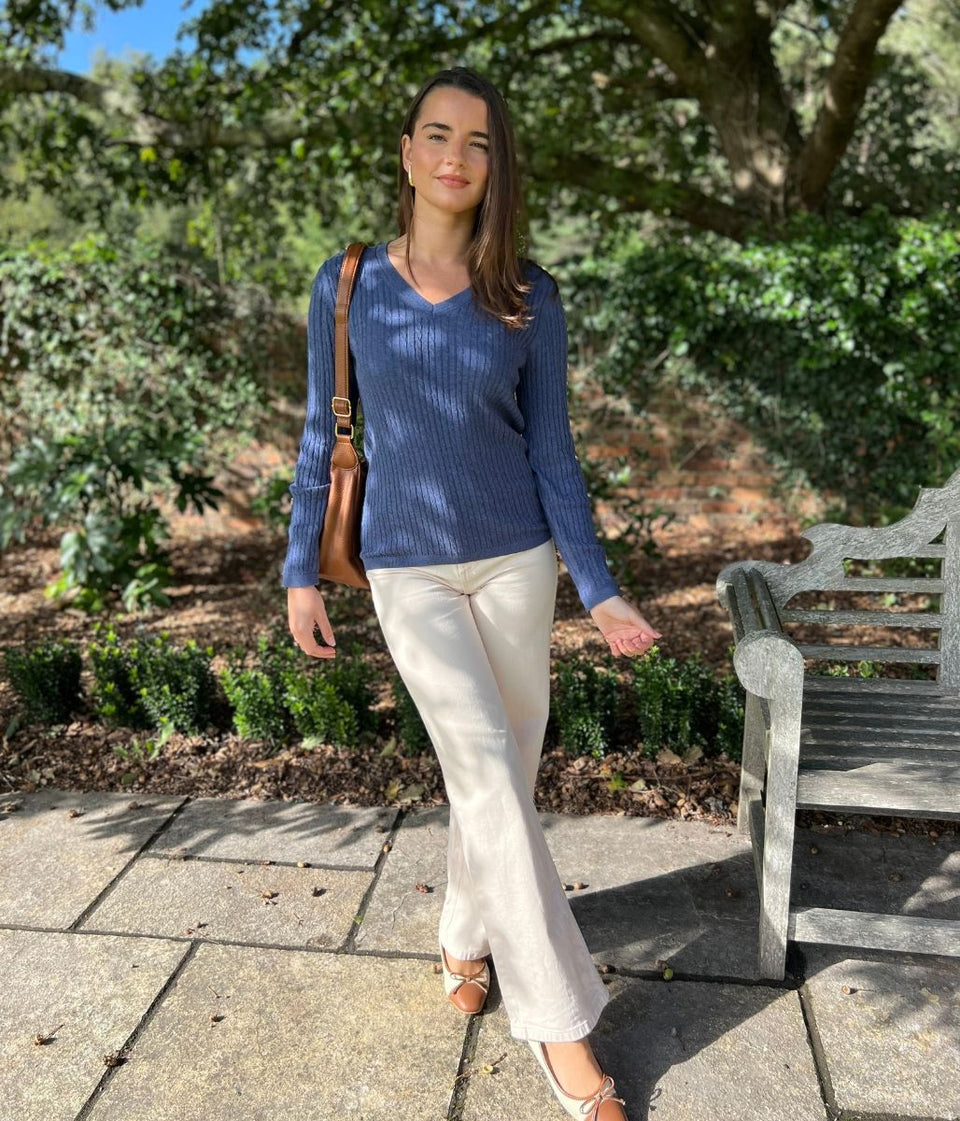 Denim Blue V Neck Cable Twist Jumper