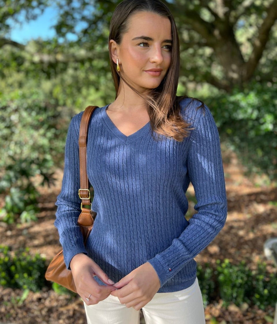 Denim Blue V Neck Cable Twist Jumper