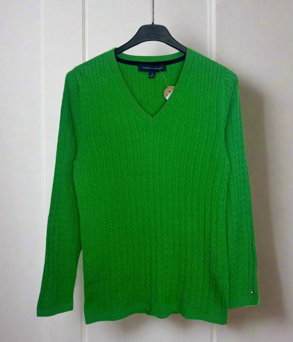 Green V Neck Cable Twist Jumper