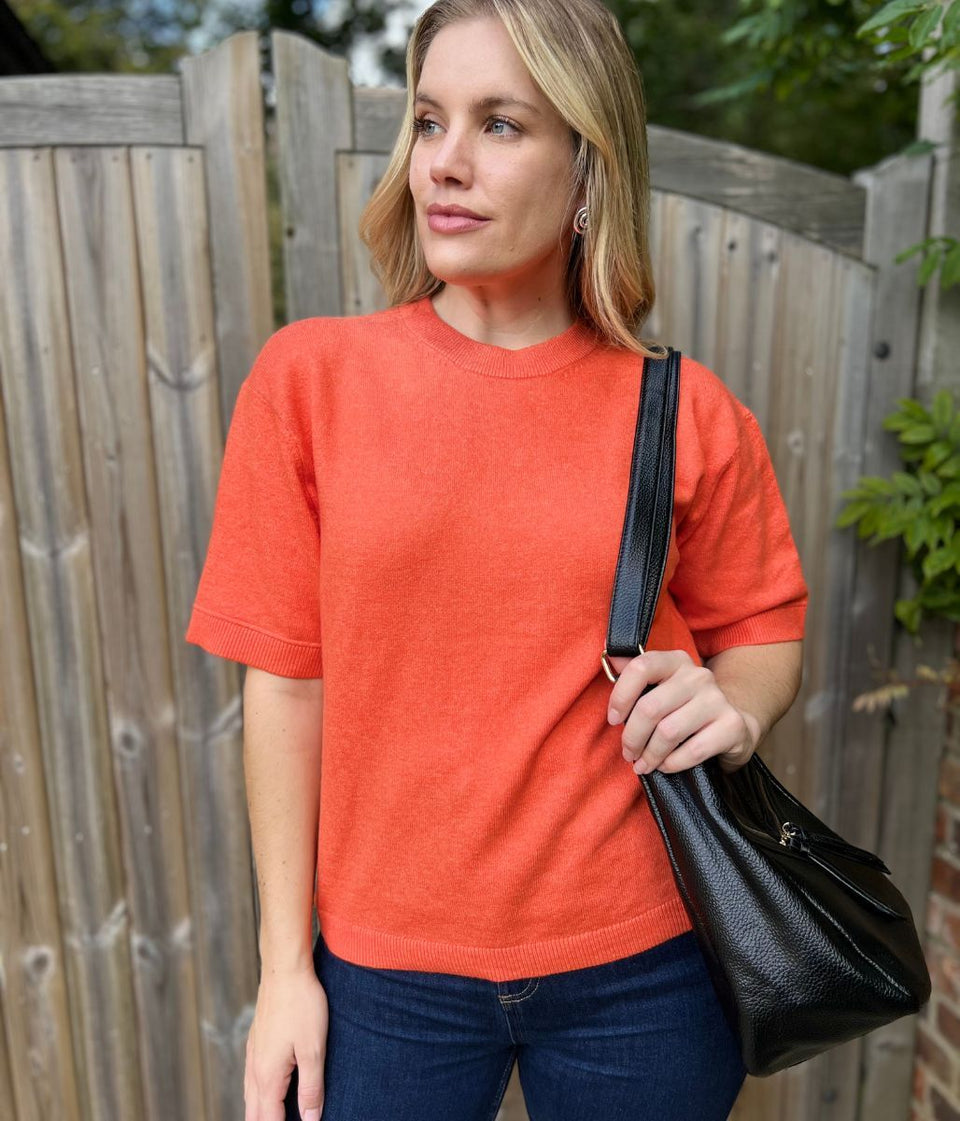 Orange Air Yarn Short Sleeve Crew Neck Jumper