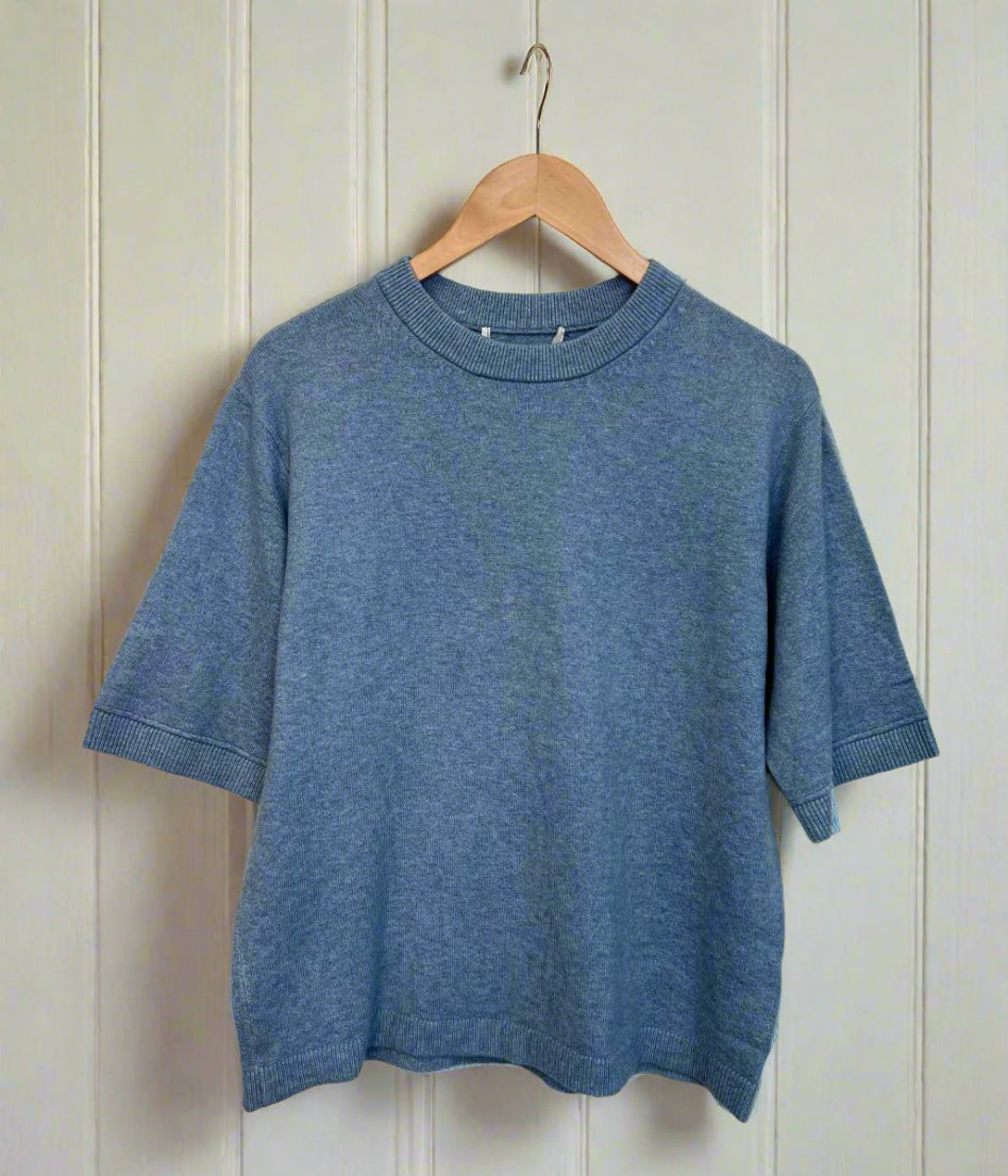Blue Air Yarn Short Sleeve Crew Neck Jumper