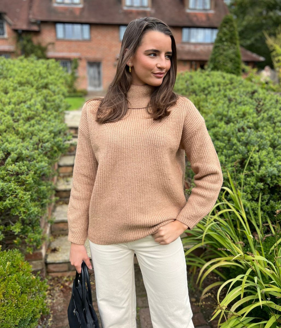Camel Rollneck Longline Knitted Jumper