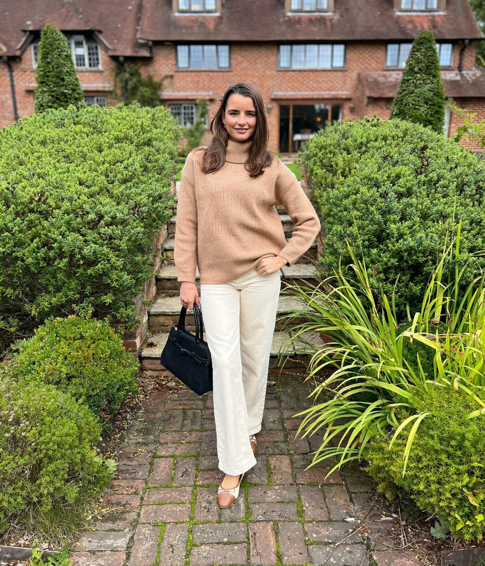 Camel Rollneck Longline Knitted Jumper