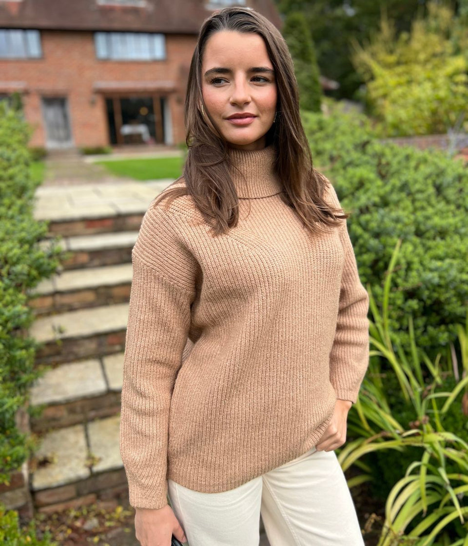 Camel Rollneck Longline Knitted Jumper