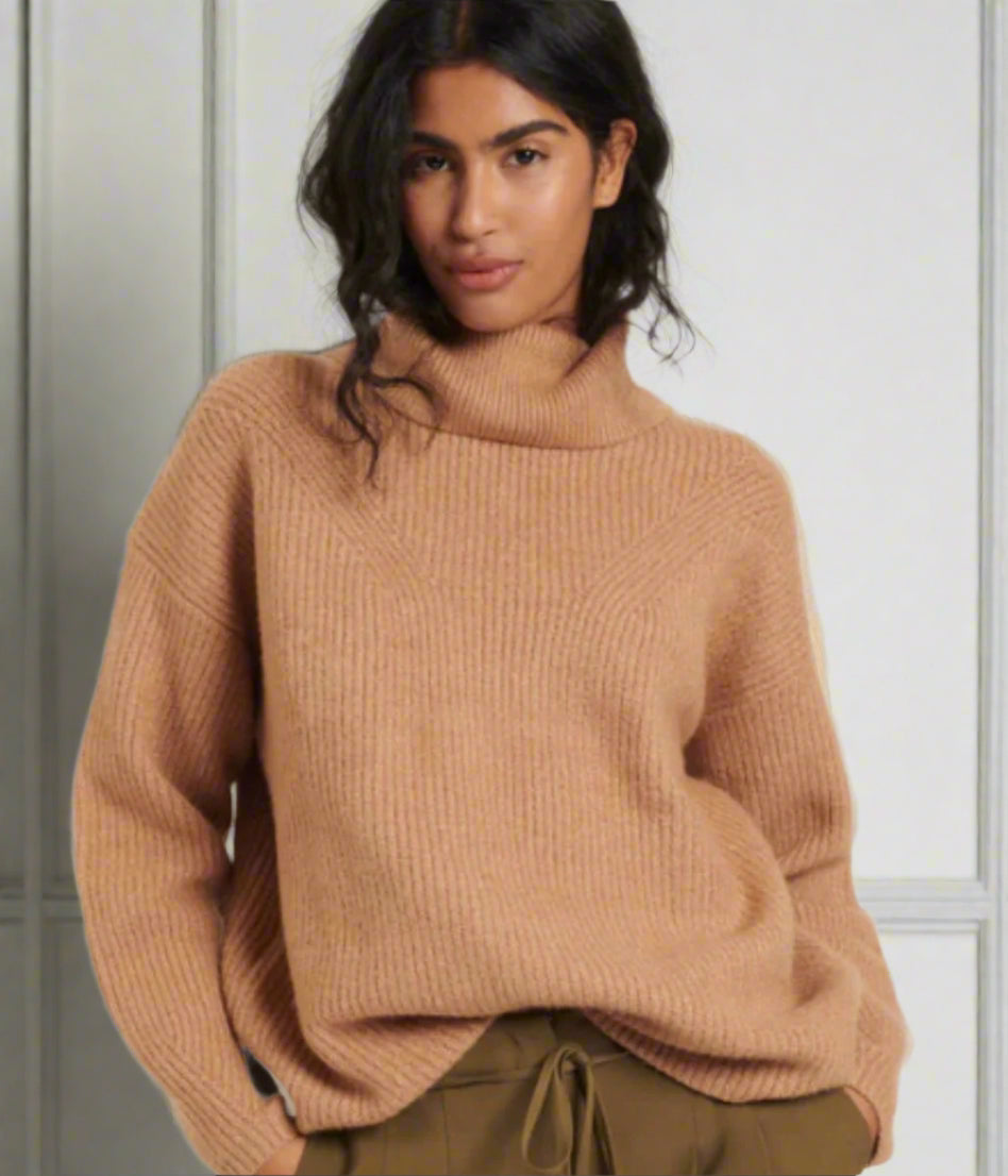Camel Rollneck Longline Knitted Jumper
