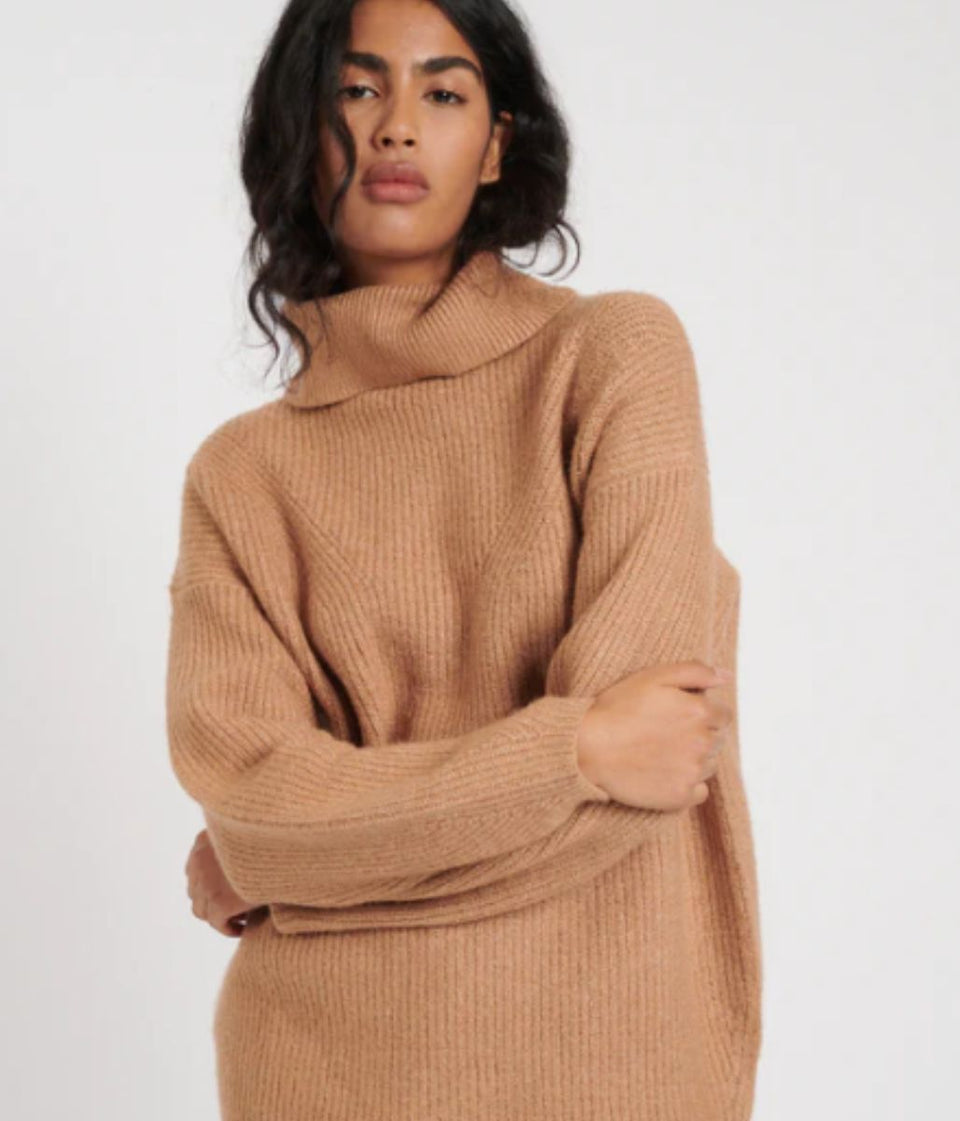 Camel Rollneck Longline Knitted Jumper