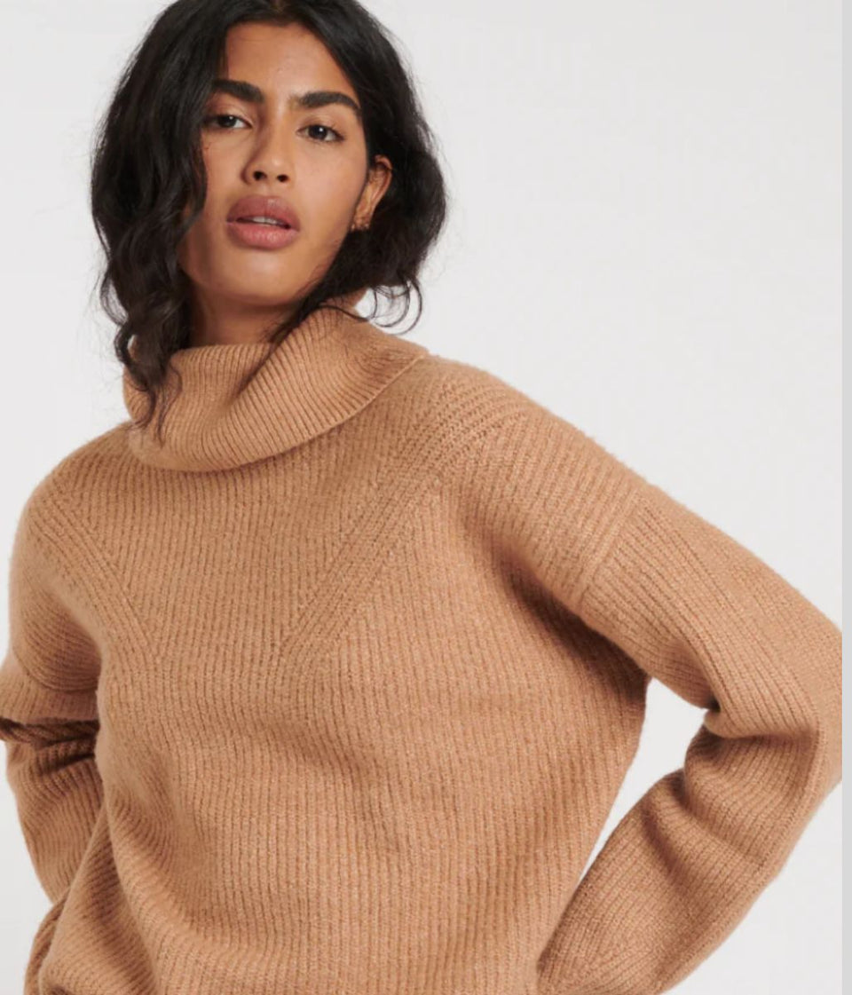 Camel Rollneck Longline Knitted Jumper