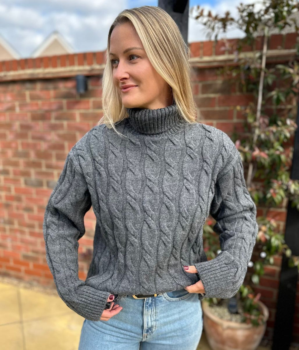 Chunky Grey Cable Roll Neck Jumper