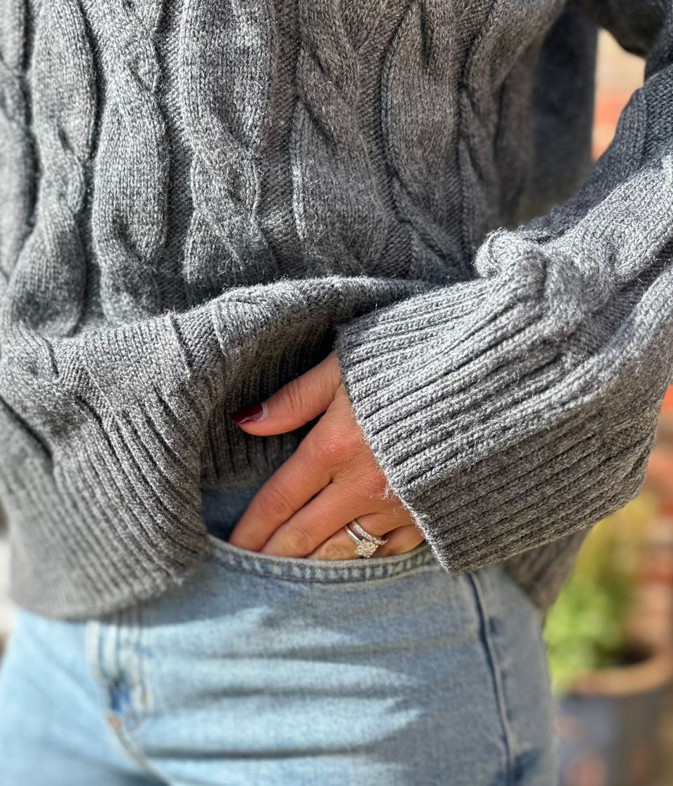 Chunky Grey Cable Roll Neck Jumper