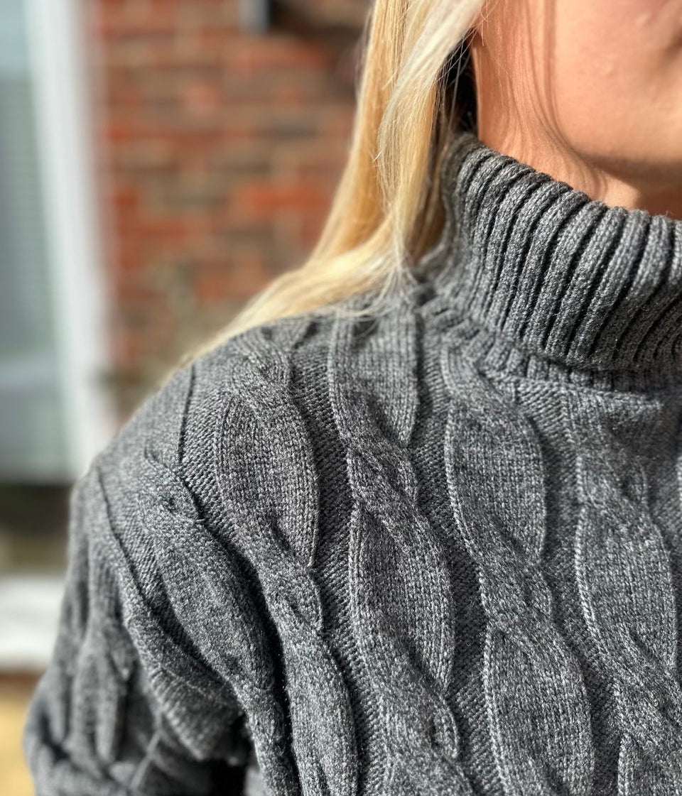 Chunky Grey Cable Roll Neck Jumper