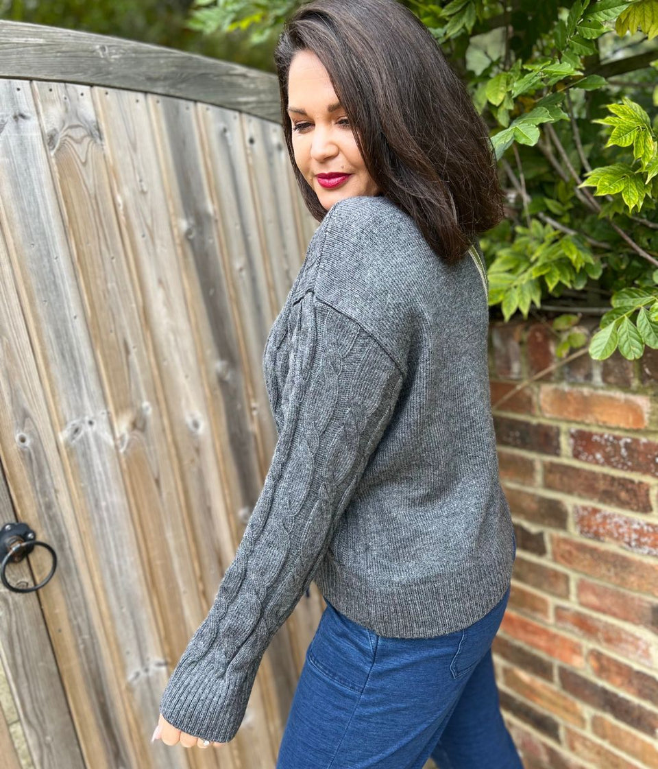 Chunky Grey Cable Roll Neck Jumper