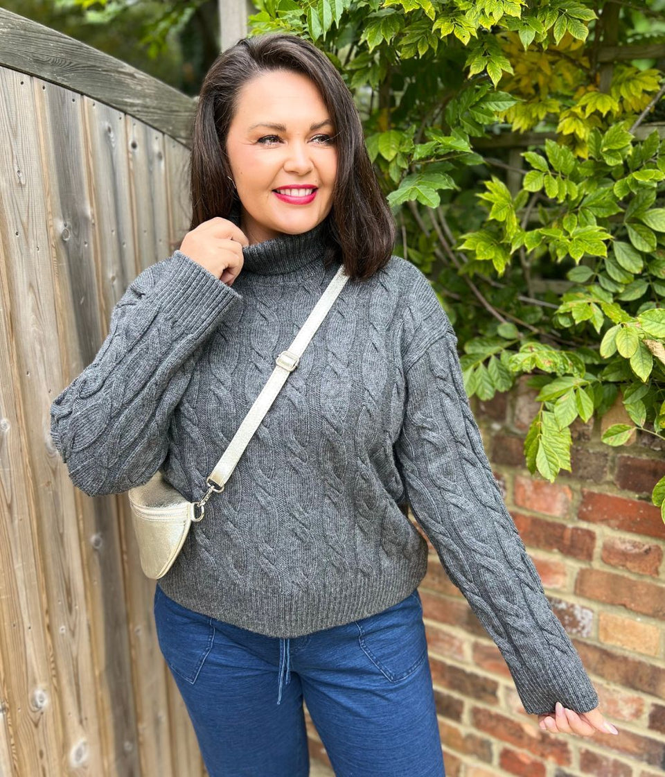 Chunky Grey Cable Roll Neck Jumper