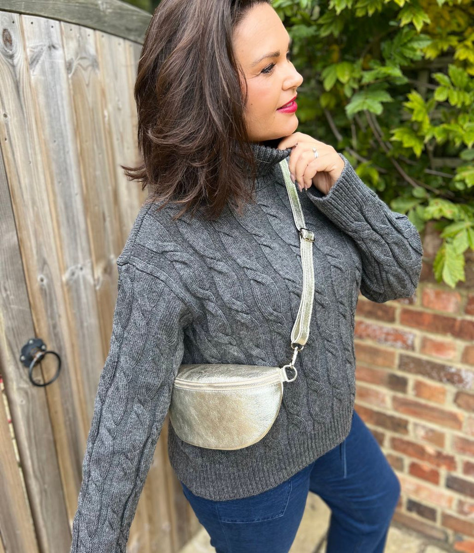 Chunky Grey Cable Roll Neck Jumper