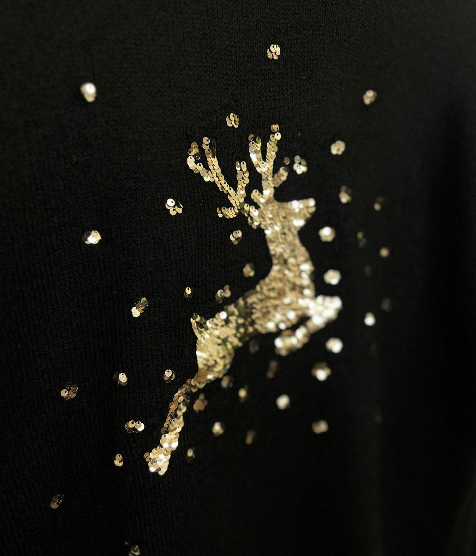 Black & Gold Sequin Reindeer Jumper