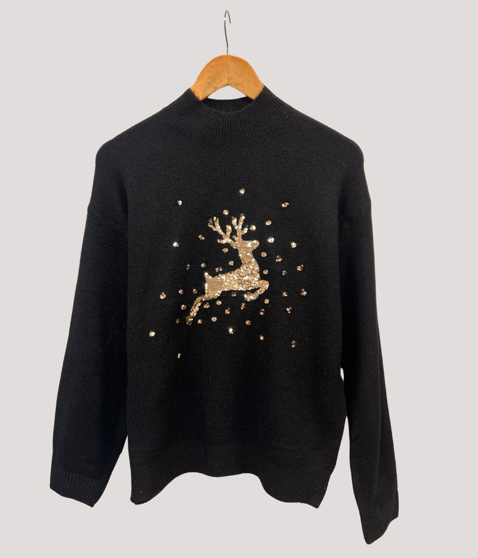Black & Gold Sequin Reindeer Jumper