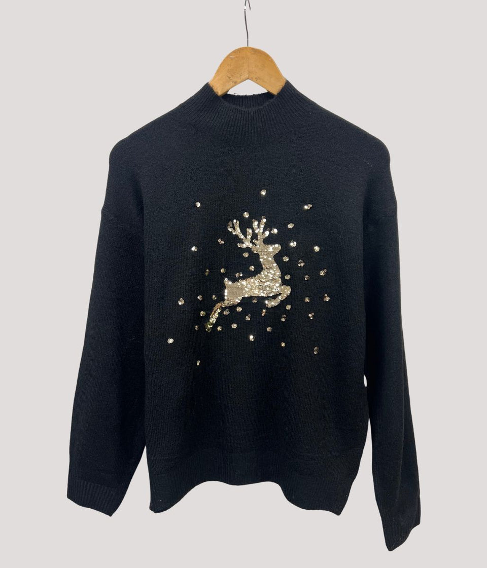 Black & Gold Sequin Reindeer Jumper