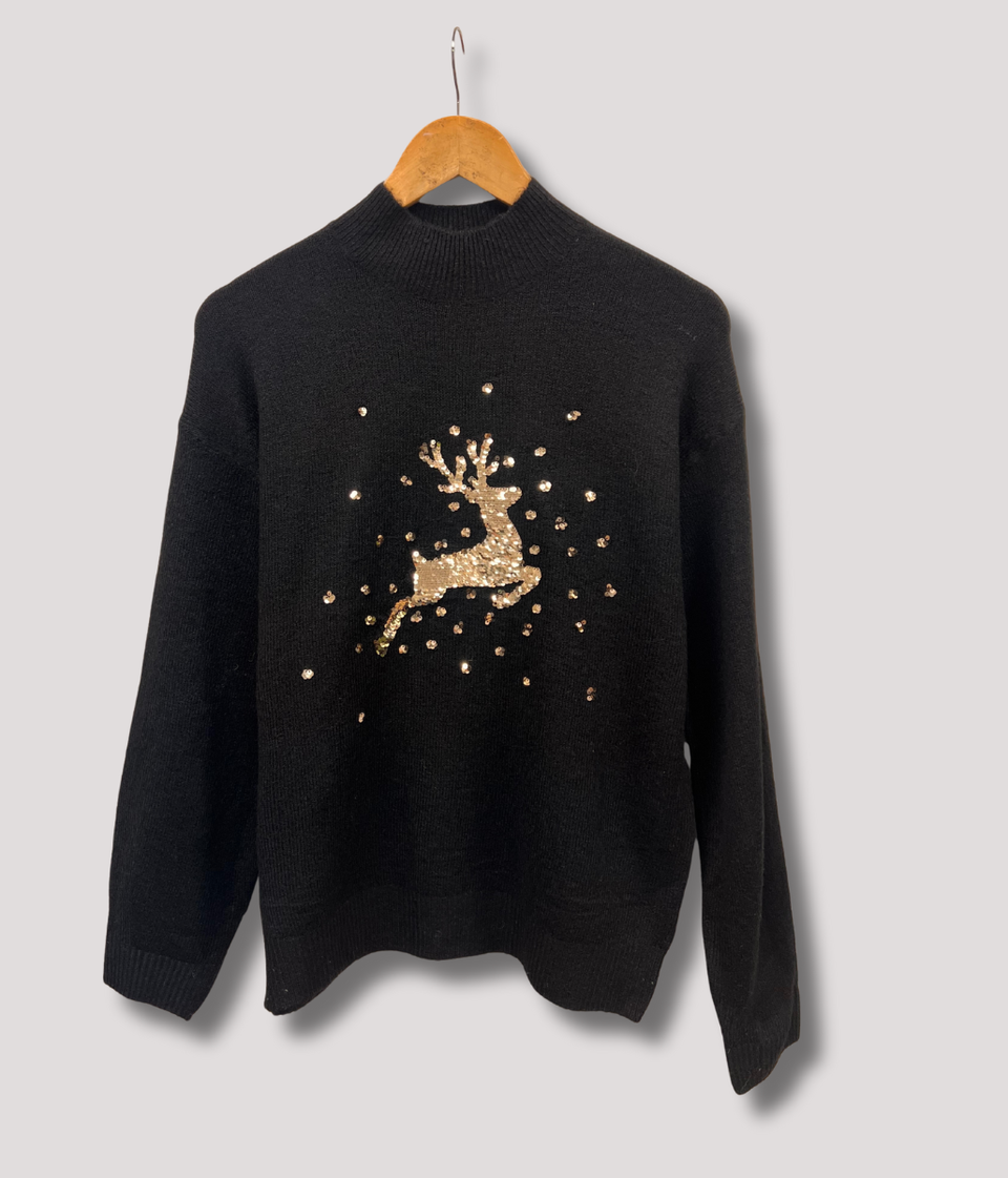 Black & Gold Sequin Reindeer Jumper