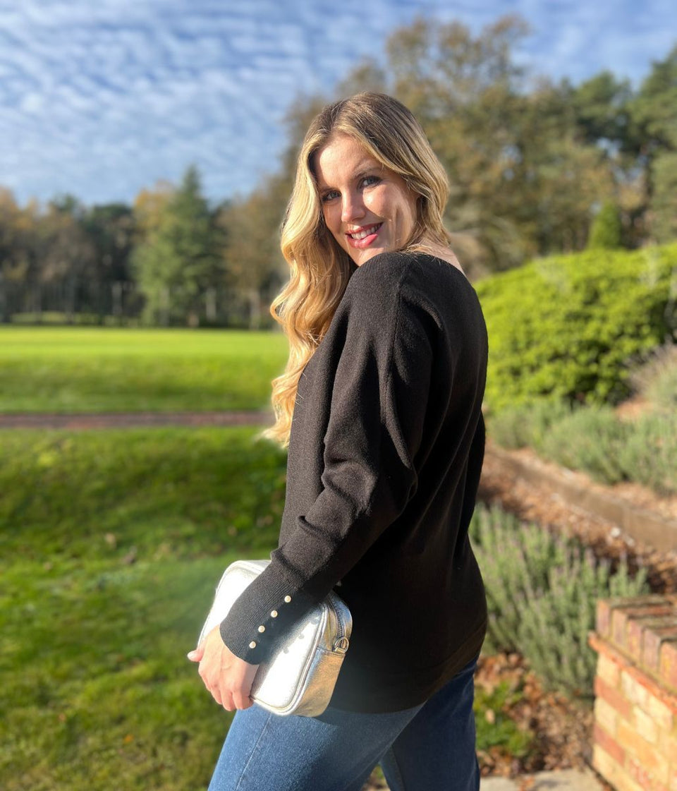 Black Batwing Faux Pearl Cuff Jumper