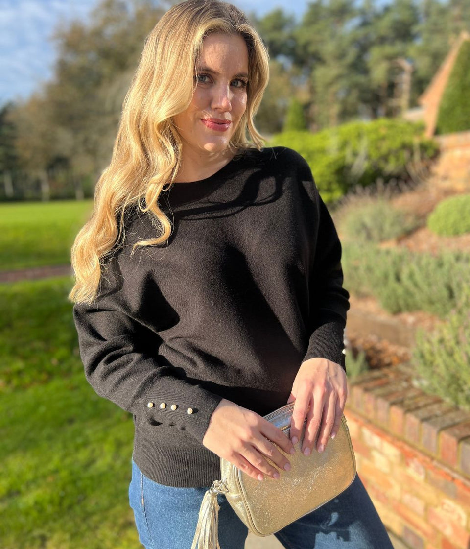 Black Batwing Faux Pearl Cuff Jumper