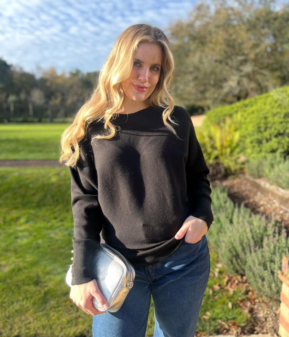 Black Batwing Faux Pearl Cuff Jumper