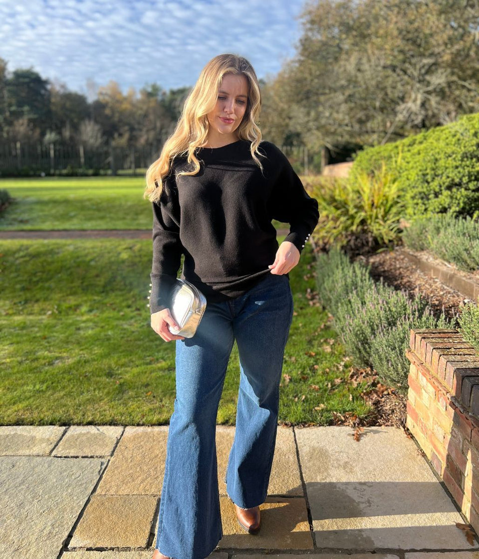 Black Batwing Faux Pearl Cuff Jumper