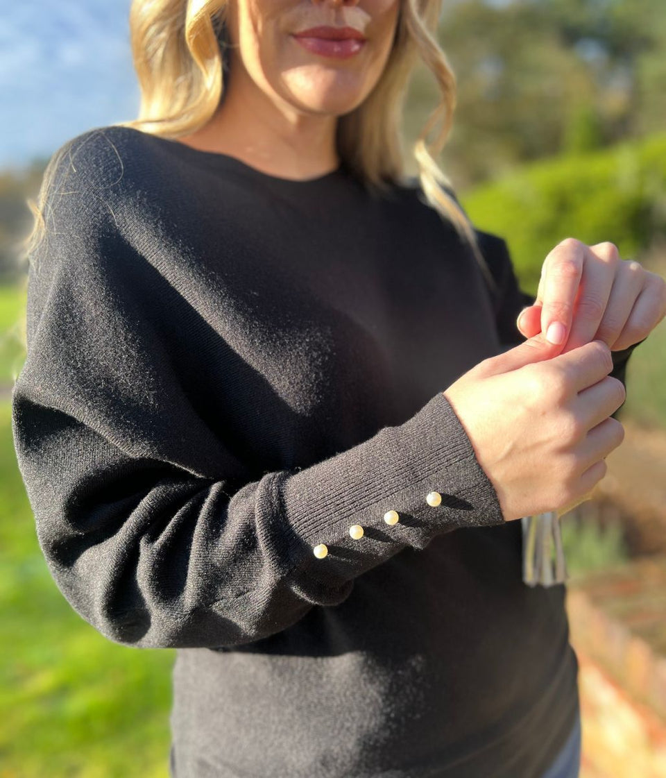 Black Batwing Faux Pearl Cuff Jumper