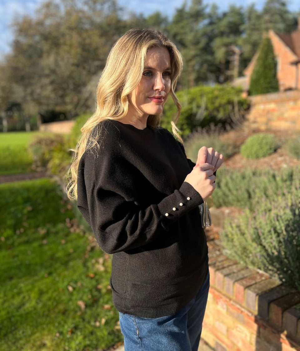 Black Batwing Faux Pearl Cuff Jumper