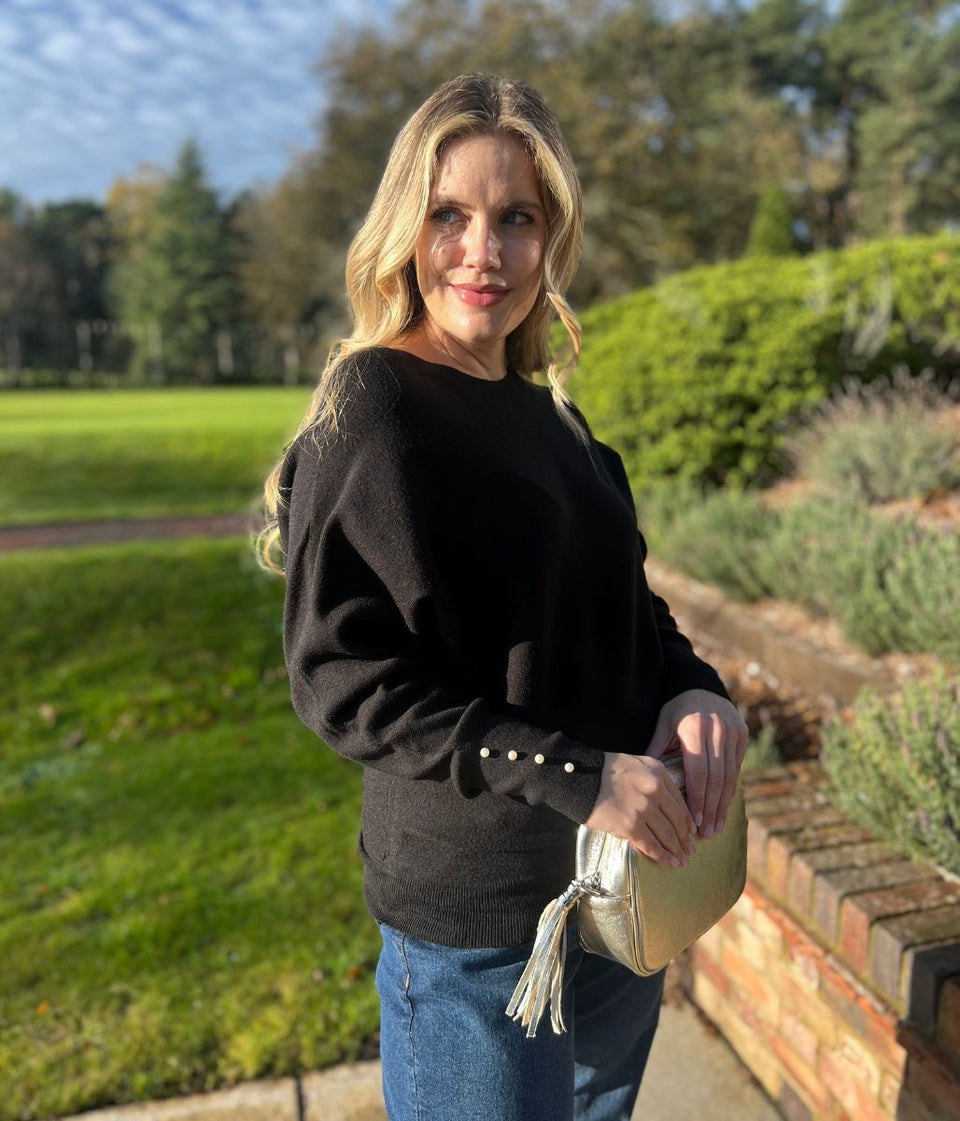 Black Batwing Faux Pearl Cuff Jumper
