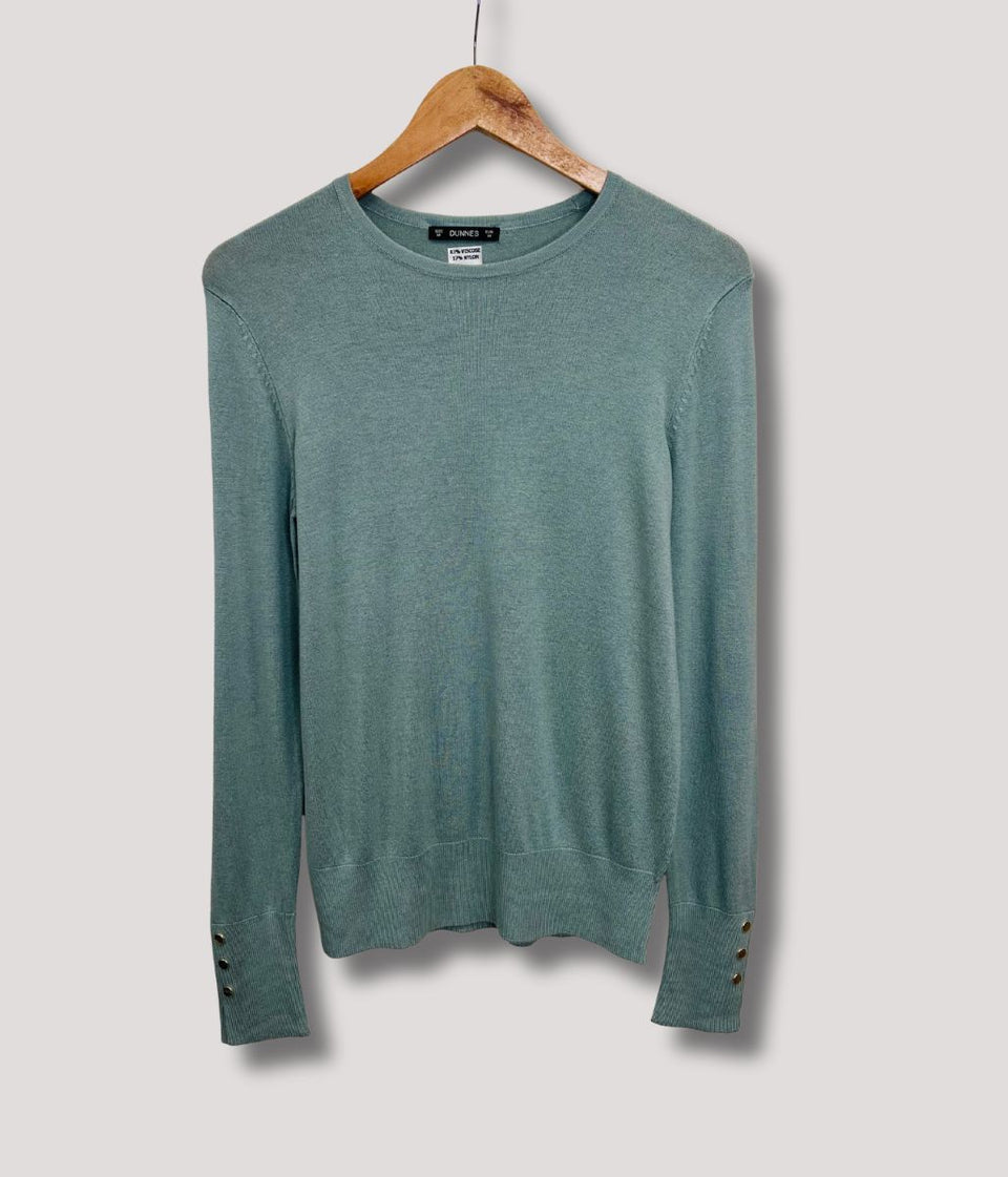 Sage Fine Knit Button Cuff Jumper