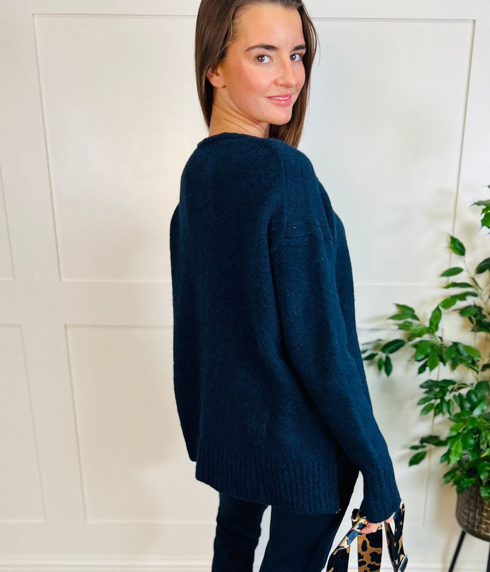 Navy V Neck Wool Blend Jumper